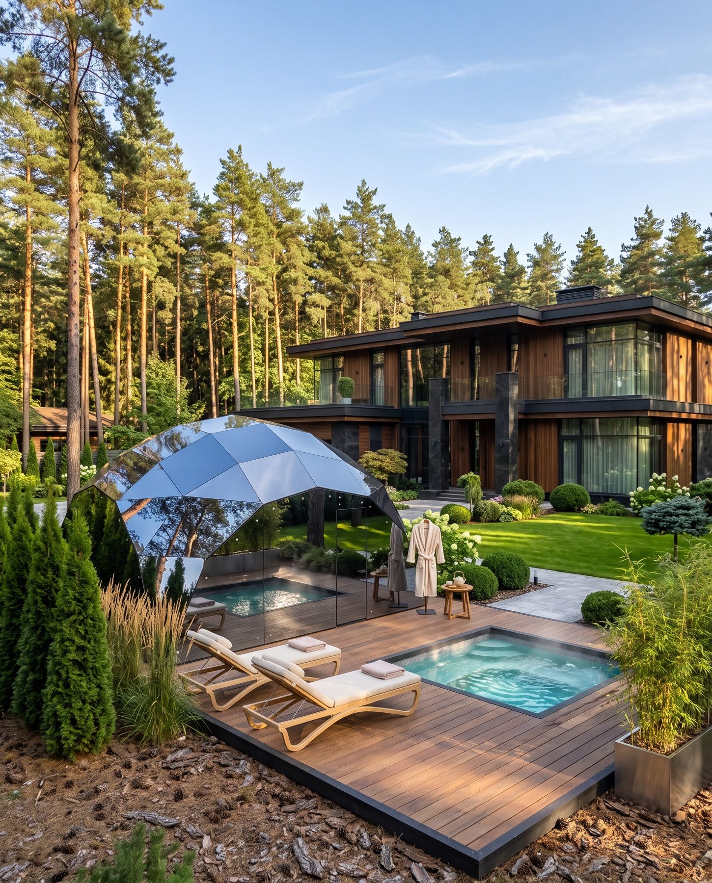 Модуль SkySpa у частного дома: деревянная терраса, лежаки и купель