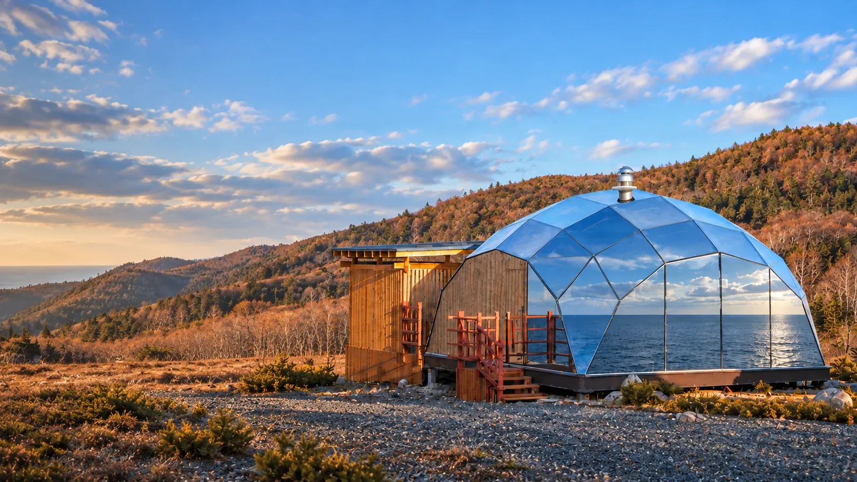 Модуль SkySpa со стеклянным куполом на берегу моря на закате