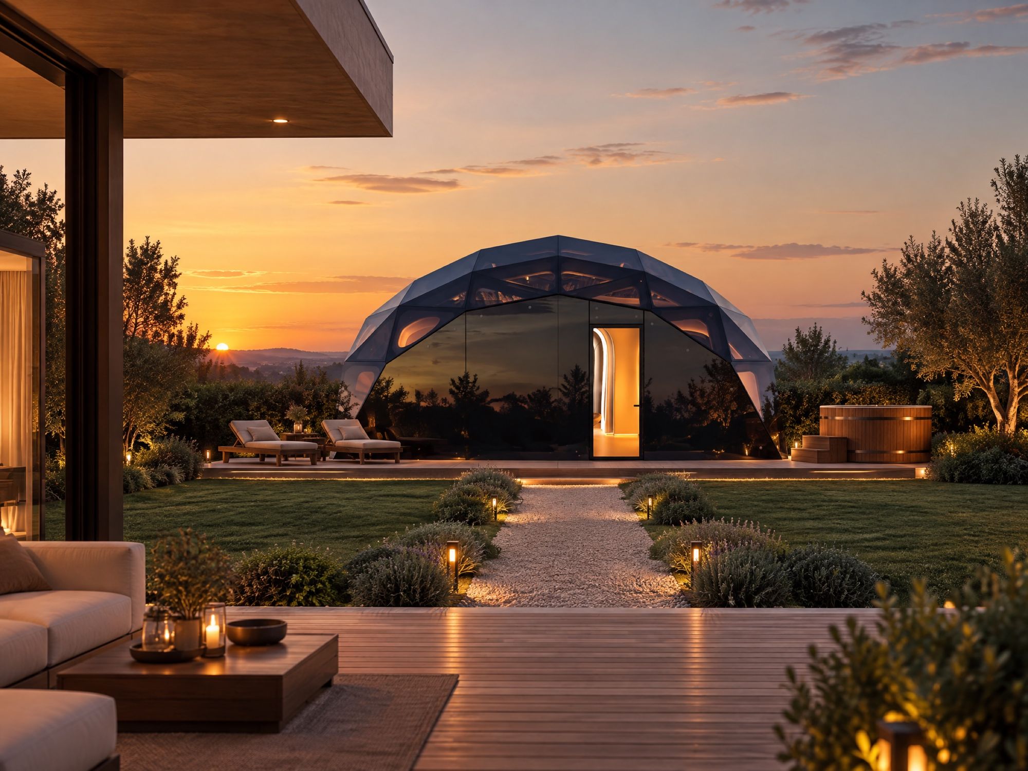 Модуль SkySpa с зеркальным куполом на закате, вид из сада
